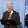 Secretary-General Ban Ki-moon (right) and UN Special Envoy for Haiti Bill Clinton speak to reporters