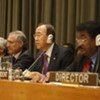 Secretary-General Ban Ki-moon (second right) briefs General Assembly on his recent visit to Chile