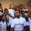 Craig David with students at the Pindene Elementary School in Cape Town.