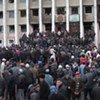 Protesters outside the office of the governor in Talas, Kyrgyzstan