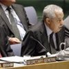 General Assembly President Ali Treki addresses meeting, Secretary-General Ban Ki-moon (left) listens