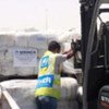 Loading of emergency relief supplies to be airlifted to victims of the conflict in Kyrgyzstan who fled to Uzbekistan