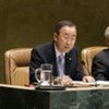 Secretary-General Ban Ki-moon (left) and GA President Ali Treki at meeting which approved UN Women