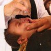 A boy gets his two drops of oral polio vaccine in Afghanistan