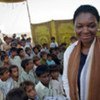 Valerie Amos visits a makeshift school in Kashmore built on high ground during her visit to the flood affected population