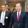 Secretary-General Ban Ki-moon and Porfirio Lobo Sosa, President of Honduras, are pictured en route to their meeting.