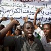 Demonstrators outside the University of Zalingei in Darfur as a peace negotiation team met with civil society leaders