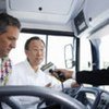 Secretary-General Ban Ki-moon (centre) is interviewed aboard the Chiapas Eco Bus in Cancún, Mexico