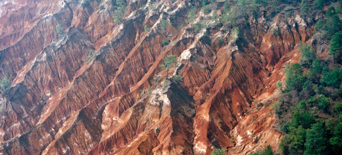 Soil erosion and deforestation shown in the mountains of Guatemala’s Quiche province.