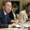 Secretary-General Ban Ki-moon (left) addresses the Humanitarian Funding Conference in Geneva
