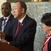 Secretary-General Ban Ki-moon (centre) briefs press in Geneva