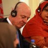 Special Representatives Radhika Coomaraswamy (right) and Staffan de Mistura at document signing in Afghanistan