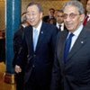 Secretary-General Ban Ki-moon (left) and head of the League of Arab States Amre Moussa in Cairo, Egypt on 21 March 2011.