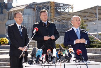 Secretary-General Ban Ki-moon (left) visits Chernobyl and addresses an event marking the 25th Anniversary of the nuclear disaster.