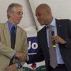 Deputy Special Representative Nigel Fisher (left) and President Michel Martelly of Haiti discussing preparations for the 2011 hurricane season