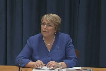 Executive Director of UN Women Michelle Bachelet addresses news conference at UN Headquarters