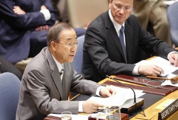 Le Secrétaire général Ban Ki-moon devant le Conseil de sécurité lors d'un débat sur les enfants et les conflits armés.