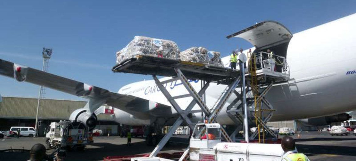 Family tents arriving in Nairobi on the first UNHCR airlift are being rushed to Dadaab refugee complex in eastern Kenya