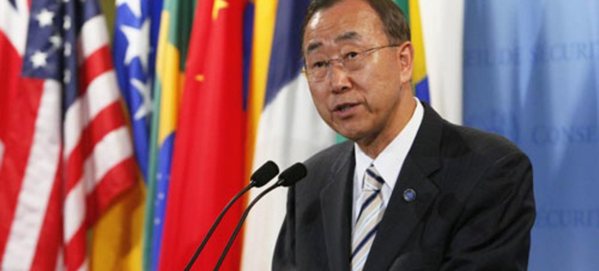 Secretary-General Ban Ki-moon speaks to journalists after a Security Council meeting on climate change