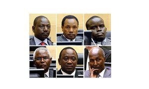(Top L to R): William Samoei Ruto, Henry Kiprono Kosgey, Joshua Arap Sang. (Bottom L to R): Francis Kirimi Muthaura, Uhuru Muigai Kenyatta, and Mohamed Hussein Ali.
