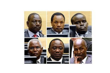 (Top L to R): William Samoei Ruto, Henry Kiprono Kosgey, Joshua Arap Sang. (Bottom L to R): Francis Kirimi Muthaura, Uhuru Muigai Kenyatta, and Mohamed Hussein Ali.