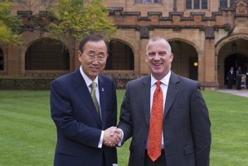 Secretary-General Ban Ki-moon (left) meets with Michael Spence, Vice-Chancellor of the University of Sydney