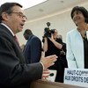 High Commissioner Navi Pillay (right) speaks with Christian Strohal, Vice-President of the Human Rights Council at its 18th session in Geneva
