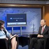 Secretary-General Ban Ki-moon (right) answers questions from social media users around the world. Moderator is JuJu Chang of ABC News