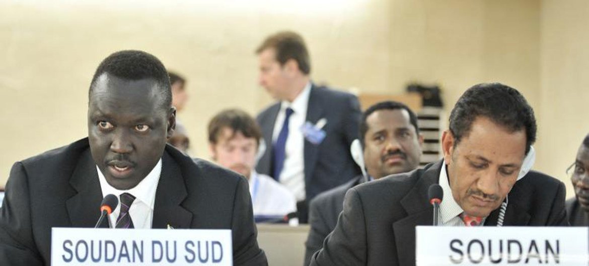 Amb. Francis Nazario (left) of South Sudan and Amb. Abdel Rahman Dhirar of Sudan at the Human Rights Council