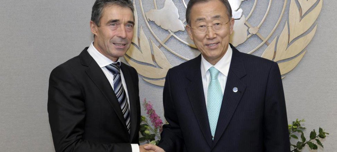 Secretary-General Ban Ki-moon (right) meets with Anders Fogh Rasmussen, head of NATO