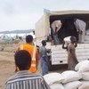 WFP food assistance being offloaded from a truck at a distribution site in the South Kordofan capital Kadugli.