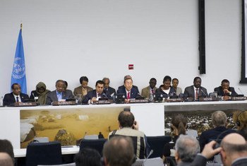Secretary-General Ban Ki-moon (centre) addresses the ministerial-level mini-summit on the Horn of Africa crisis. Also at the podium are  General Assembly President Nassir Abdulaziz Al-Nasser (third from left) and USG for Humanitarian Affairs Valerie Amos 