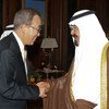 Secretary-General Ban Ki-moon (left), on a June 2008 visit to Saudi Arabia, is greeted by King Abdullah in Jeddah.