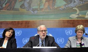 Human Rights Council’s Independent Commission of Inquiry on Syria (L to R) Yakin Ertürk, Paulo Pinheiro, Chairperson and Karen Abu Zayd.