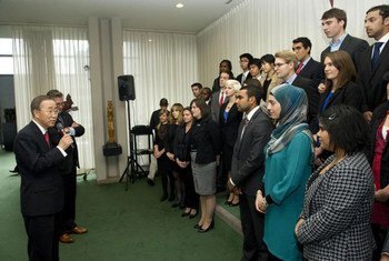 Secretary-General Ban Ki-moon (left) speaks with youth delegates attending the sixty-sixth session of the General Assembly.