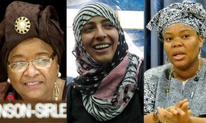 Les gagnantes du Prix Nobel de la paix 2011 : Ellen Johnson Sirleaf, Tawakkul Karman, et Leymah Gbowee.
