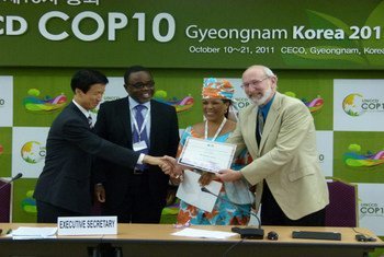 From right: Drylands Ambassadors Dennis Garrity and Deborah Fraser, UNCCD Executive Secretary Luc Gnacadja and COP10 President Don Koo Lee
