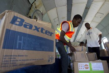 Cholera medicine being sorted for distribution to flood victims in Haiti