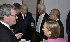 Special Adviser on Cyprus, Alexander Downer (left) with leaders of the Greek Cypriot and Turkish Cypriot communities on 21 October 2011