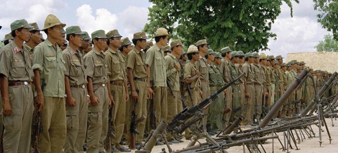 Soldiers of the Cambodia People Armed Forces (CPAF) are cantoned and demobilized as part of Phase Two of the cease-fire in 1992