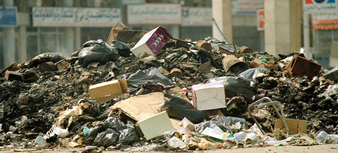 A pile of wreckage left behind in downtown Kuwait after looting and destruction by Iraqi occupation forces in 1991.