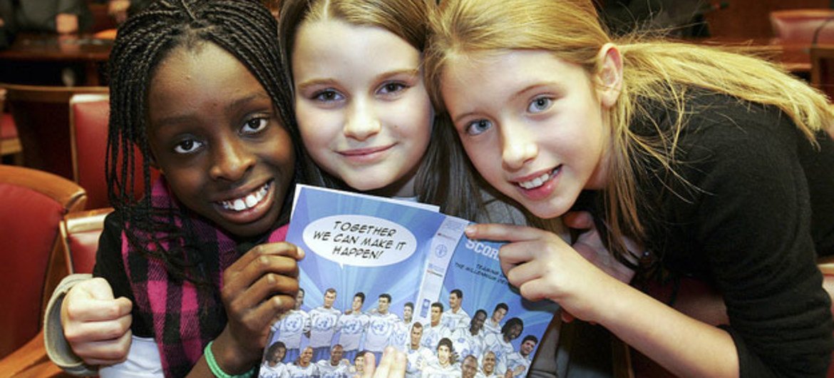 Children enjoying the launch of the new comic book “Score the Goals” at the United Nations in Geneva