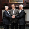 Secretary-General Ban Ki-moon with Greek Cypriot leader Dimitris Christofias (left) and Turkish Cypriot leader Dervis Eroglu (right) in Manhasset, New York