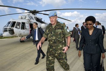 Deputy Secretary-General Asha-Rose Migiro and UNIFIL Force Commander Major-General Alberto Asarta Cuevas on her arrival in Naqoura, Lebanon