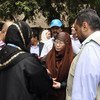 Assistant Secretary-General Catherine Bragg (centre) meets UNHCR representatives working with IDPs and refugees in Aden, southern Yemen