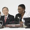Secretary-General Ban Ki-moon (left) and Emergency Relief Coordinator Valerie Amos at the annual high-level conference on the Central Emergency Response Fund