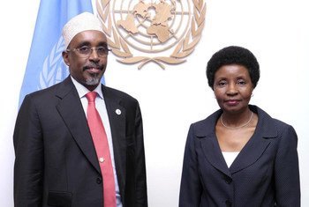 Speaker of Somalia’s Parliament Sharif Hassan Sheikh Aden (left) with Deputy Secretary-General Asha-Rose Migiro