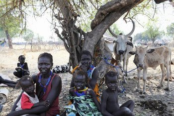 Mothers and their children near Pibor, in Jonglei state, South Sudan, who have been displaced by ethnic tensions in the area