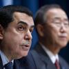 Nassir Abdulaziz Al-Nasser, President of the United Nations General Assembly, speaks at a press conference. Secretary-General Ban Ki-moon is seen in the background.