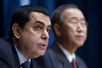 Nassir Abdulaziz Al-Nasser, President of the United Nations General Assembly, speaks at a press conference. Secretary-General Ban Ki-moon is seen in the background.